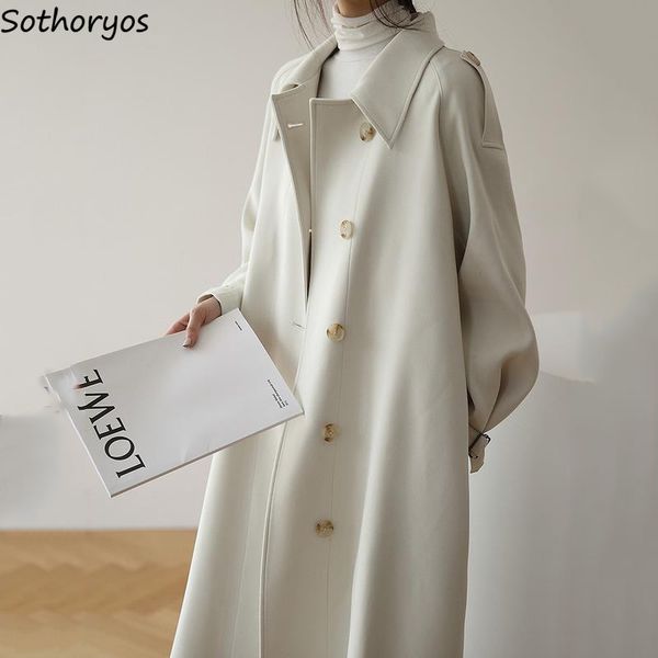 

trench women solid green elegant turn-down collar long coat thickening winter adjustable waist streetwear females outwear casual, Tan;black