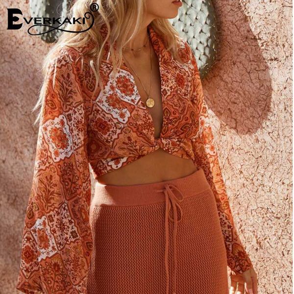 

everkaki boho gypsy печати блуза топ женщины лук связанный с длинным рукавом v шеи bohemian короткие топы блузы женский 2020 лето новый, White