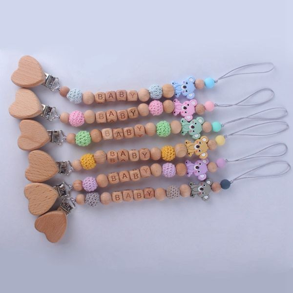 

baby wood silicone beads pacifier chain clip baby letter cute cartoon animal charms baby teething toys anti-lost holder