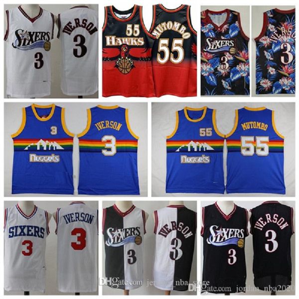 

vintage men #3 allen iverson denver nuggets 15 carmelo anthony 55 dikembe mutombo purple basketball jersey floral shirts bas, Black;red