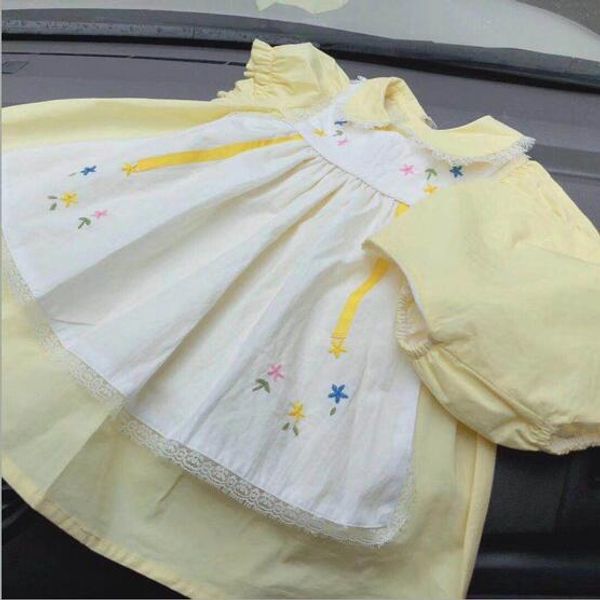 

Baby girl designer clothes dress Spain Style Princess girl yellow white patchwork Embroidery Design high quality cotton dress free ship