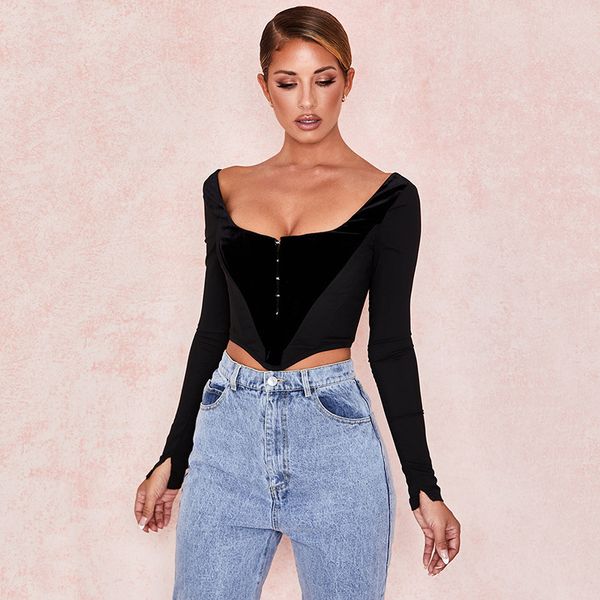 

black simple office lady knitting crop t-shirts women autumn slim long-sleeve street casual low cut tee shirts mujer, White