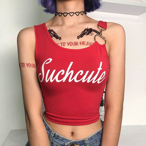 

new fashion short hip-hop women tank with metal ring and umbilical suspender red letter navel vest, White