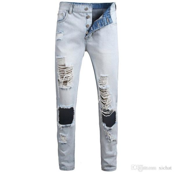 

mens distressed ripped skinny jeans fashion designer slim fit washed motocycle denim pants hip hop biker hole trousers jb902, Blue