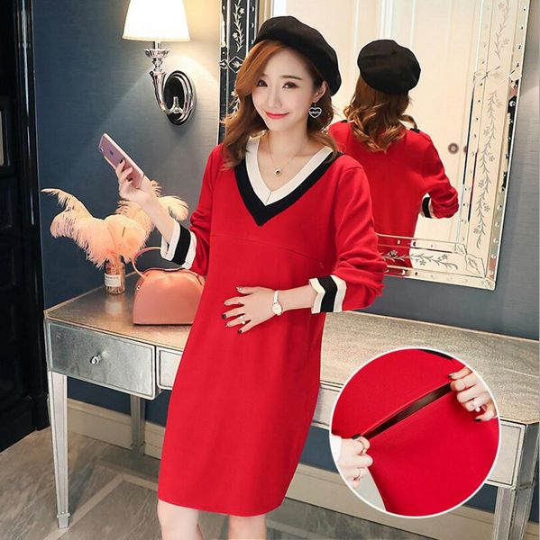 

v collar maternity nursing dress pregnant knitted breastfeed long sleeve dresses women fall clothes, White
