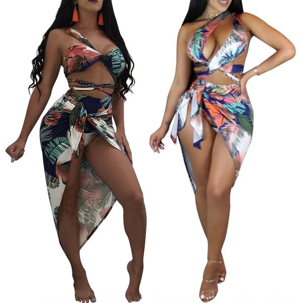 

leaf printing high waist tie scarf split bikini scarf bikini swimsuit three-piece suit female, White;black