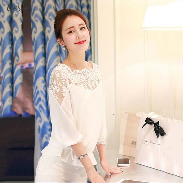 

white blouse women summer loose casual chiffon long sleeve lace black white applique shirts blouse