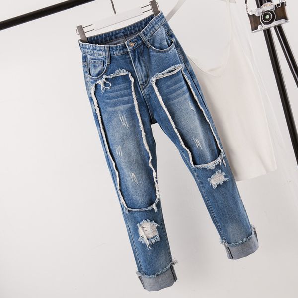 

women's jeans fall 2021 big size female wear fat sister loose and slim hole, Blue