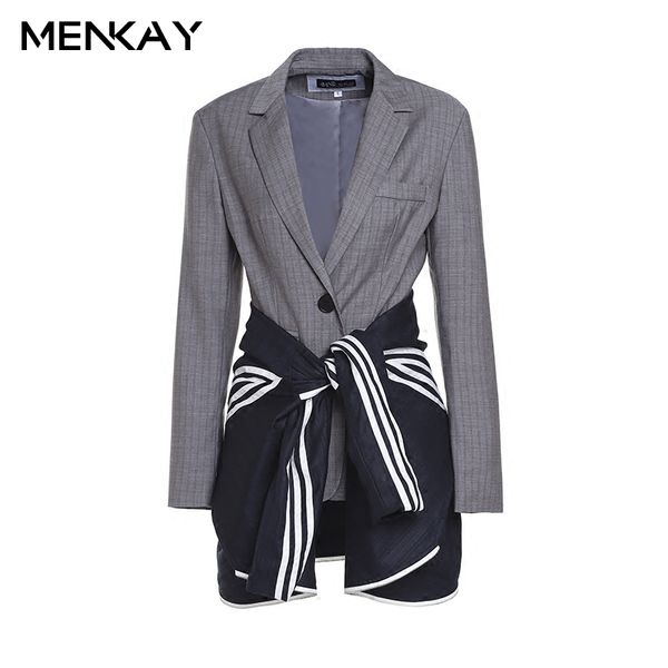 

menkay] 2018 spring new patchwork high waist lace up long sleeve notched striped blazer women tide laides fashion, White;black