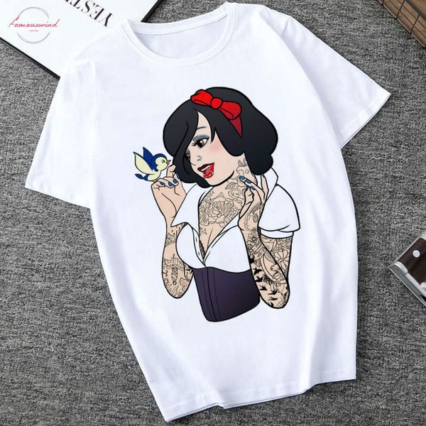

рубашки женские 2020 летняя мода тенниска женщины harajuku татуировки princess printed tshirt отдых вокруг шеи женщины тенниска, White