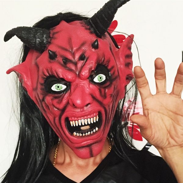 Yeduo Teufel Inferno Satan Maske Horror Halloween Neuheit Rotes Gesicht Erwachsene Größe Party Kopf Langes Haar für Frauen Männer