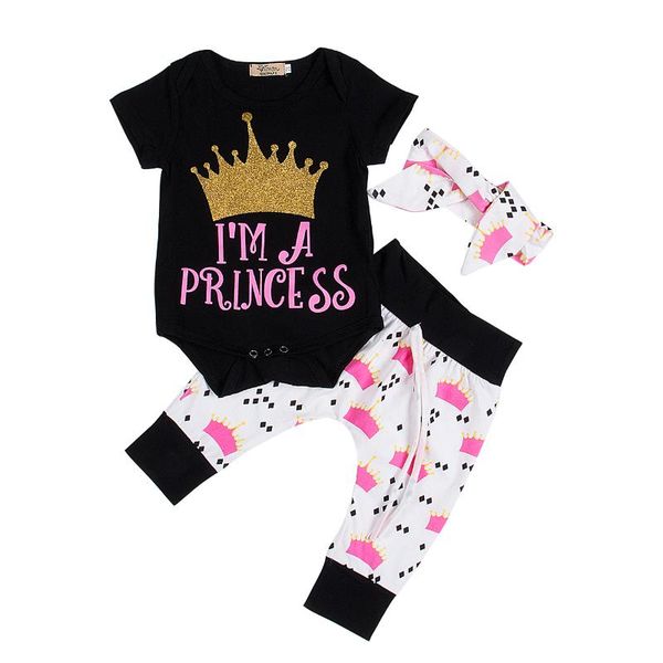 

cute baby girls crown romper jumpsuit+pants leggings 3pcs outfits set 0-18m, White