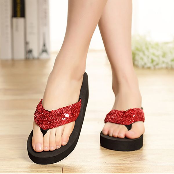 

sequins women casual shoes beach slippers flip flops platform women wedges sandals platform flip flops shoes woman #30, Black