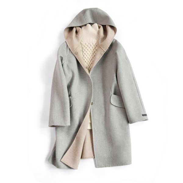 

2019 woolen coat women long winter jacket casual outerwear solid color hooded overcoat ladies, Black