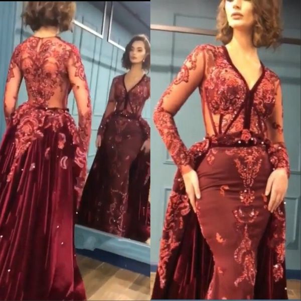 

burgundy velvet mermaid prom dresses long sleeves deep v neck lace beads evening formal women party gowns, Black