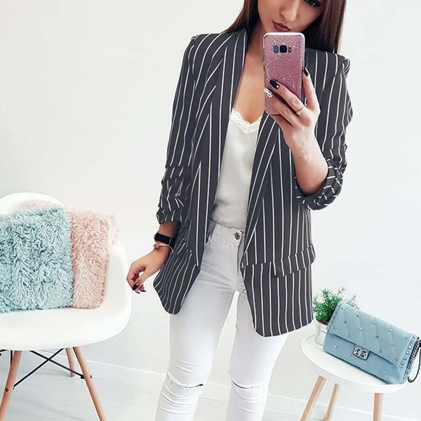 

blazer women's outerwear office professional jacket casual open long sleeve striped small suit, White;black