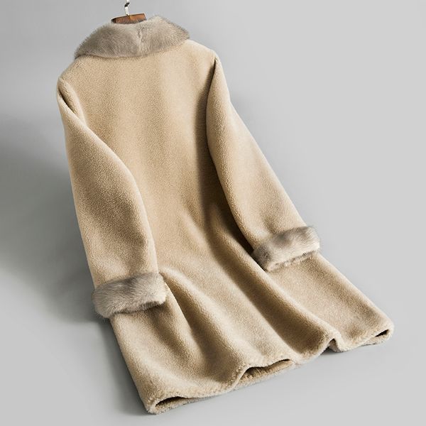 

real fur coat wool jacket mink fur collar autumn winter coat women clothes 2020 korean vintage sheep shearling women zt3536, Black