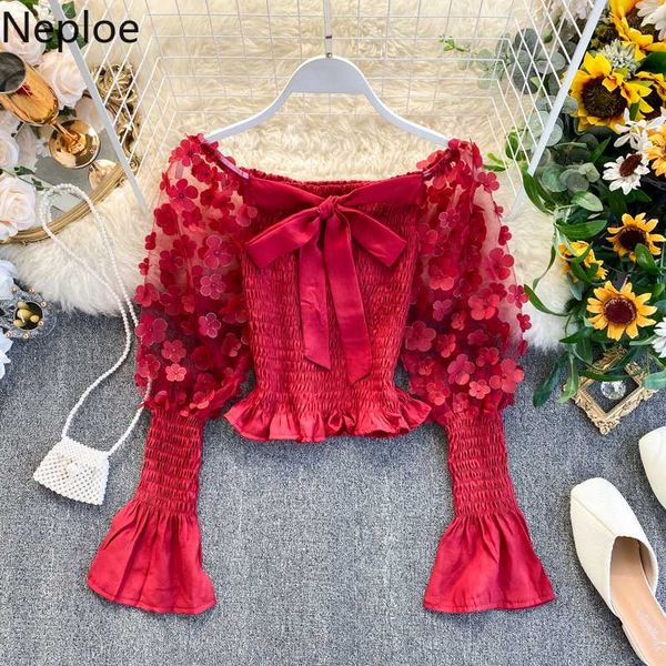 

neploe french court style mesh patchwork appliques blusas slash neck off shoulder pleat blouse flare long sleeve slim shirt48459, White