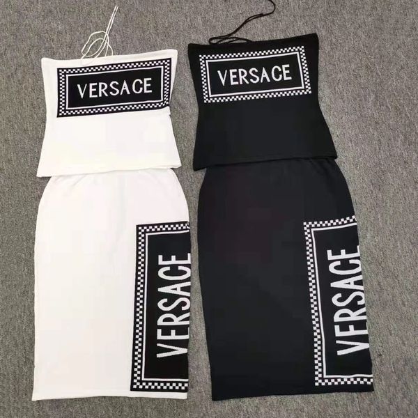 

Women deigner luxury dre uit tube tring over the knee long kirt 2019 ummer new letter knit two piece kirt uit, White