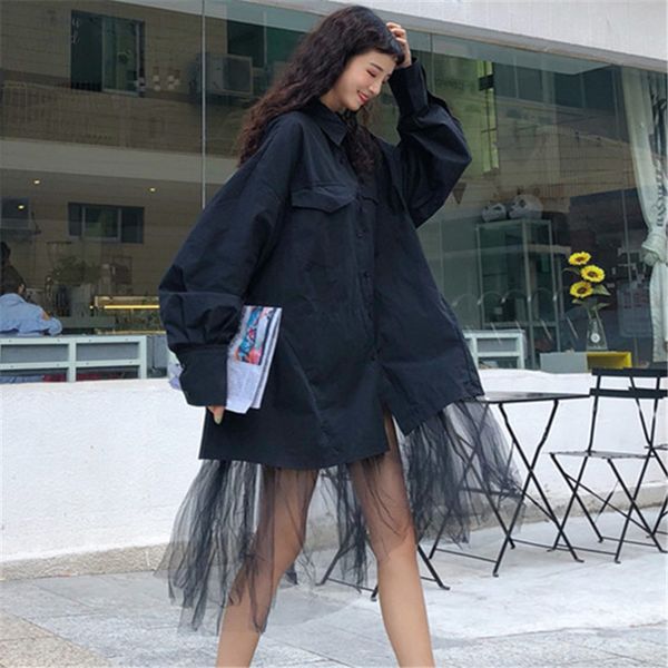 

2019 new spring black turn down хем воротником с длинным рукавом сыпучие вскользь лоскутная нерегулярные сетки женщина рубашки sc37, White