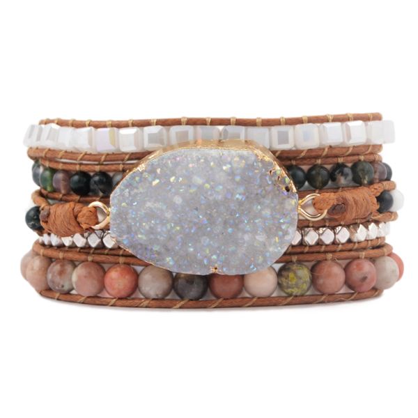 

leather bracelets unique mixed natural stones quartz druzy charm 5 strands wrap bracelets handmade drusy bracelet dropship, Golden;silver