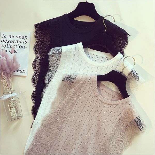 

womens designer clothes women designer shirts 2019 new summer mesh lace knitted patchwork tees female chic solid hollow out t shirt, White