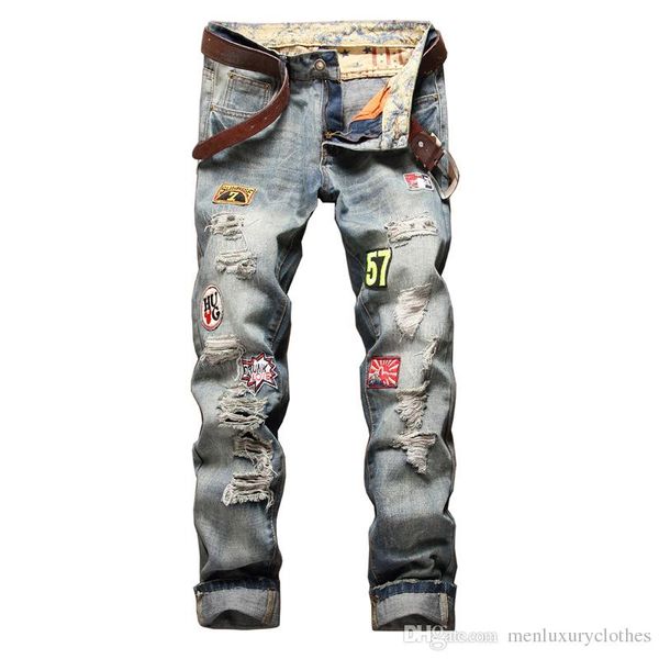 

mens designer ripped jeans straight fashion slim fit male teenager skateboard rapper hihop jeans pants, Blue