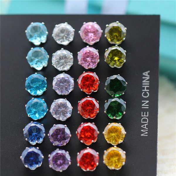 

fashion 12/set colorful zircon earrings for women 6 prong round crystal earring shiny female jewelry body puncture, Golden;silver