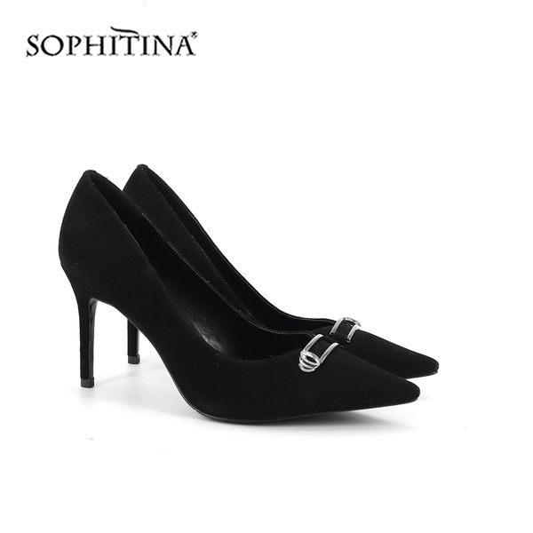 

sophitina pointed toe pumps kid suede elegant thin heel fashion metal decoration shoes new women's pumps sc232, Black
