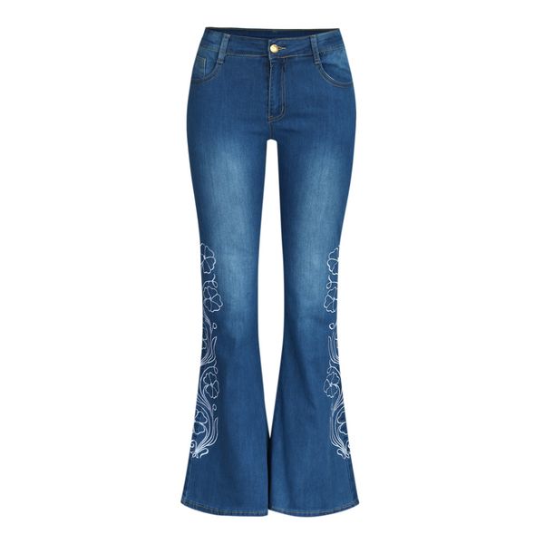 

ladies denim pants women summer casual pants fashion embroidery jeans button pocket trousers bell-bottom y605, Blue