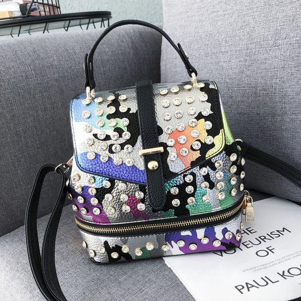 

punk style mini women backpack camouflage pattern backpacks for teenage girls pu leather over shoulder bags diamonds