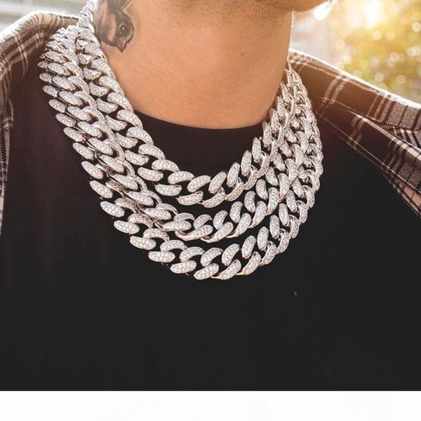 

2019 мужчины хип-хоп iced out bling цепи ожерелье проложить настройки горный хрусталь 20мм ширина майами кубинских цепей ожерелья hiphop юве, Silver