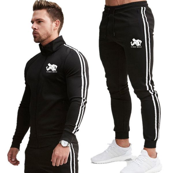 

new fashion print fitness muscle men sport set tracksuit long sleeve hoodie sweatshirt gym fitness pants workout running suit, Black;blue
