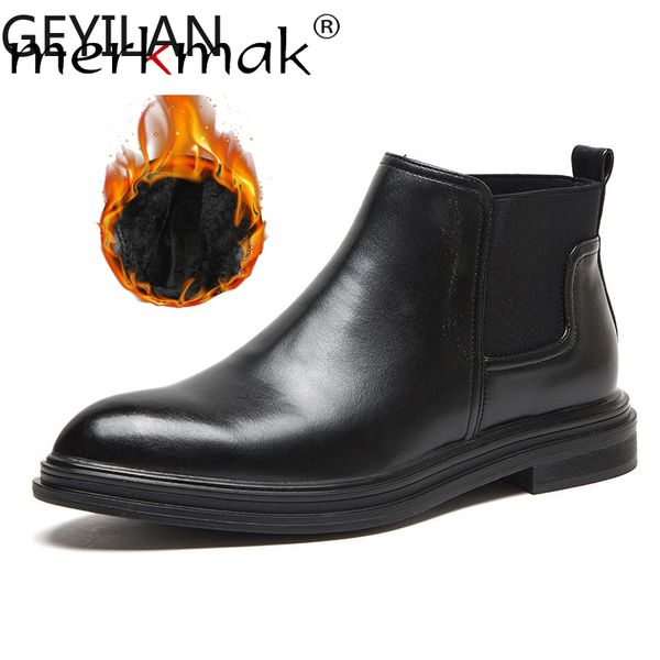

2019 winterchelsea boots men leather shoes slip on men ankle boots autumn pointed comfortable casual male footwear flat, Black