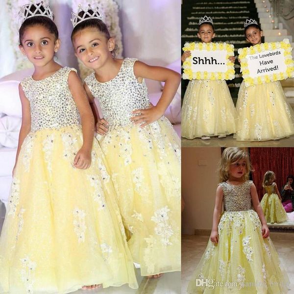 Perlenbesetzte gelbe süße Blumenmädchenkleider A-Linie Spitze Mädchen Eventkleid Maßgeschneiderte hochwertige schöne kleine Kinder Partykleidung Maxikleider