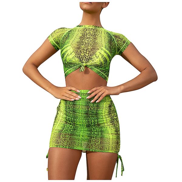 

stylish bar fluorescence green pink snakeskin print skirt sets short sleeve t-shirt crop + bodycon mini skirt suit, White