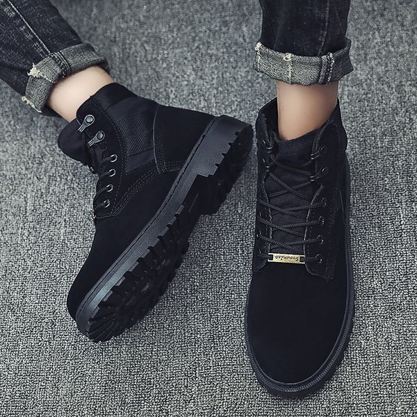 

safety shoes fashion winter men's boots warm work boots lace up men's retro style denim round toe high-shoes, Black