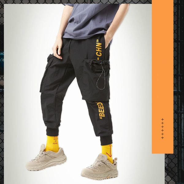

autumn new thin section cargo pants men pockets shrinkable print closing casual trousers male, Black