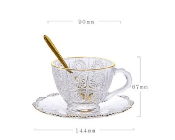 

2020 creative golden edge sun pattern european retro coffee jacquard glass plate set coffee cup