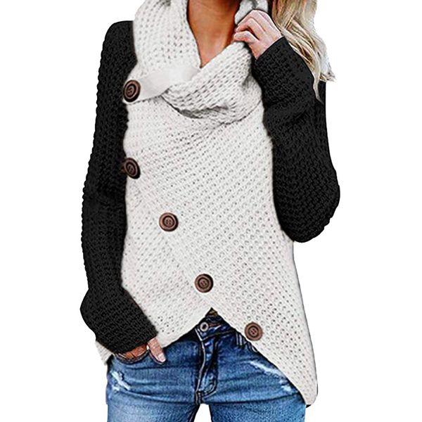 

long sleeve warm daily turtleneck patchwork winter woolen yarn knitted casual irregular soft women sweater home with buttons, White;black