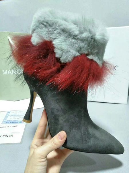 

thin high heels fur boots pointed toe 2018 winter warm boot feminino, Black