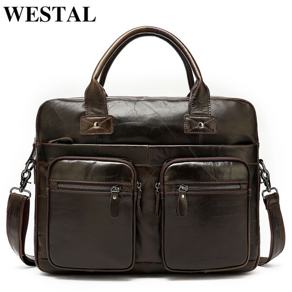 

westal 100% genuine leather bag for men's briefcase office lapbag a4 lawyer portfolio leather male cartable homme 8380