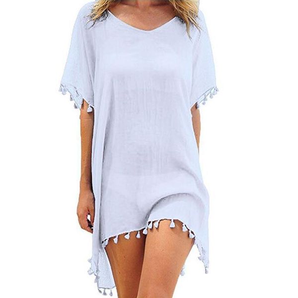

women casual v-neck short sleeve solid tassel beach summer swimsuit cover-up beach, Blue;gray