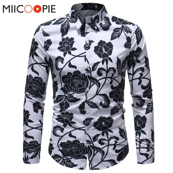 

spring floral print men shirts long sleeve casual black retro rose printed slim dress shirts camisa masculina chemise homme 5xl, White;black