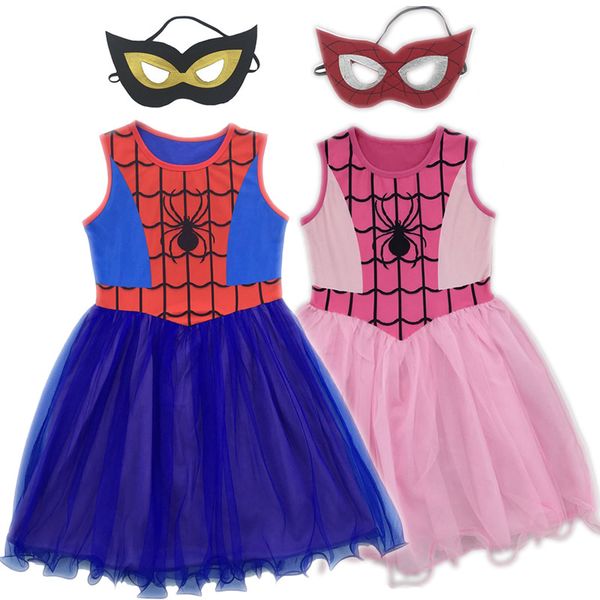 

kids masquerade dress with mask girl spider man woman cosplay costumes children halloween party clothes ball gown, Red;yellow