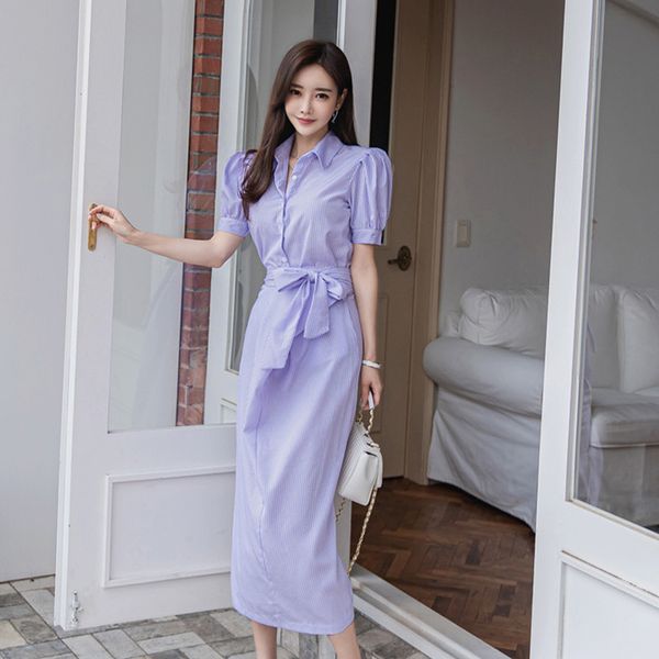 

summer new elegant women set single-breasted loose lapel striped shirt + high waist slim lace-up skirt suits two-piece set, White