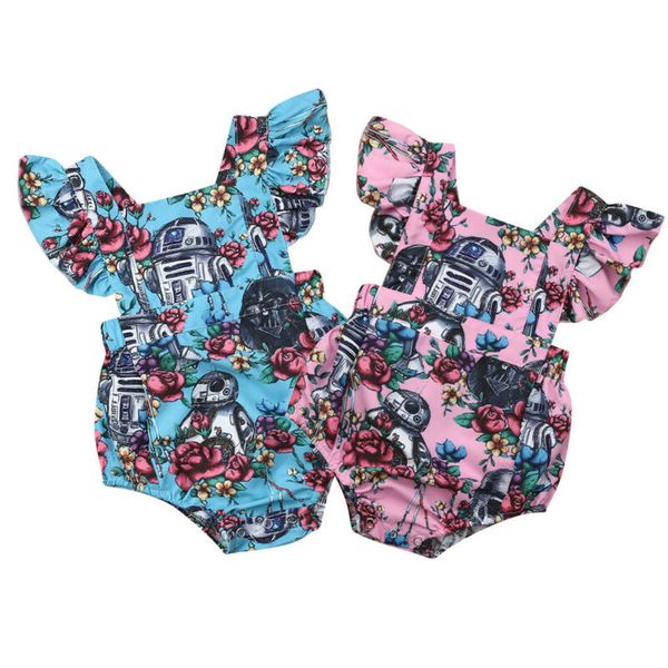 

newborn baby girls floral print ruffles sleeve cartoon print romper jumpsuit playsuit outfits sunsuit clothes, White