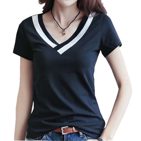 

Summer Women's T-shirt Casual Stitching Female V-neck Striped Short-sleeved Shirt Cotton Sexy Harajuku Style Women's Clothing