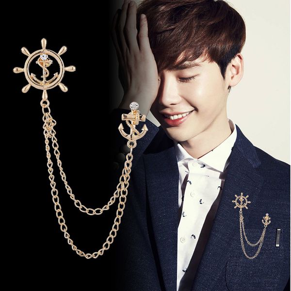 

korean fashion tassel rudder brooch anchor rhinestone badge men's suit shirt lapel pin luxulry jewelry for women accessories, Gray