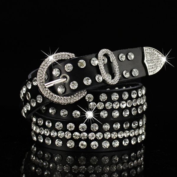 

female woman black leather belt with diamonds zircon crystal new trendy fashion luxury designer 110 cm 3.6ft, Black;brown